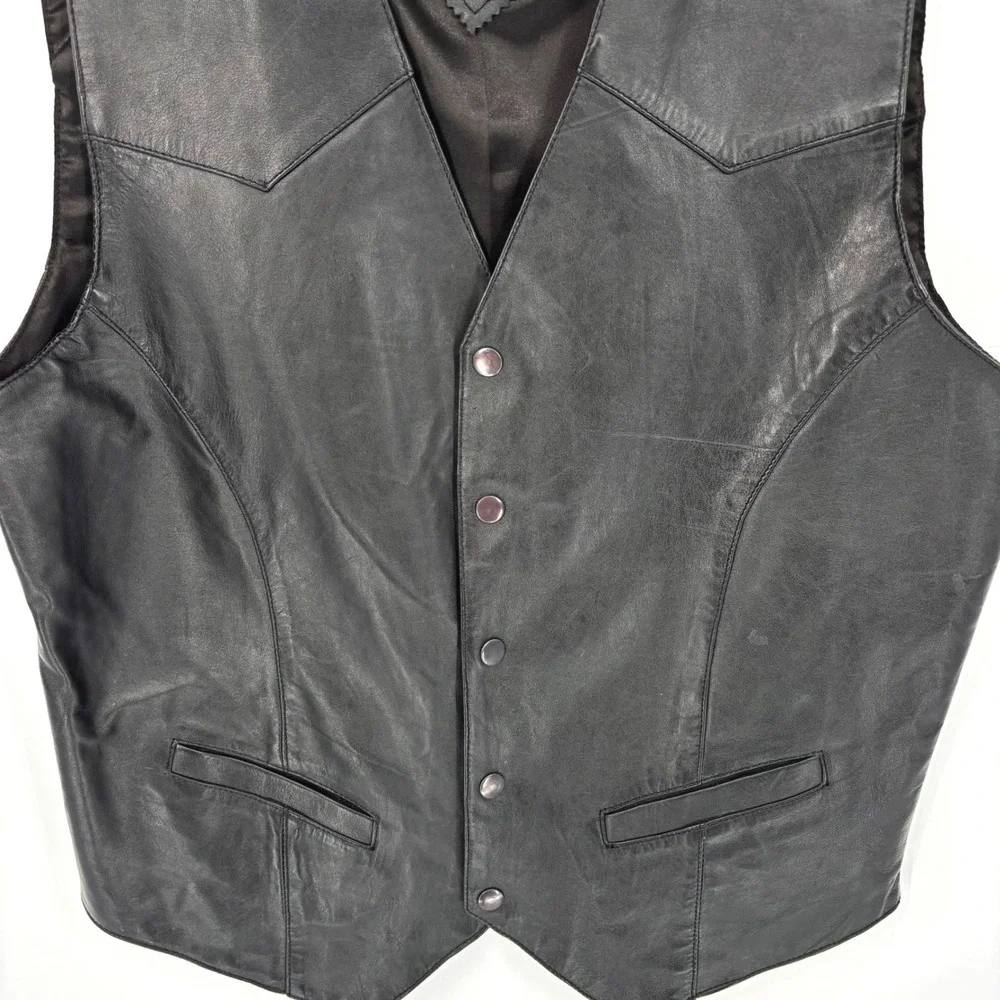 Modal Mens Black Genuine Leather Western Biker Snap Front Vest Large